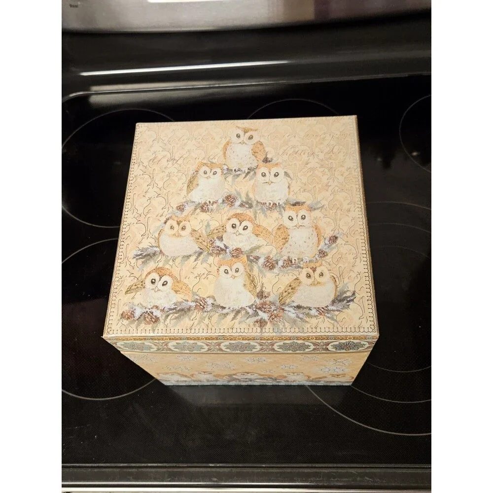 Elegant Storage Box Blue, Yellow, Silver Filigree Owl Print 9